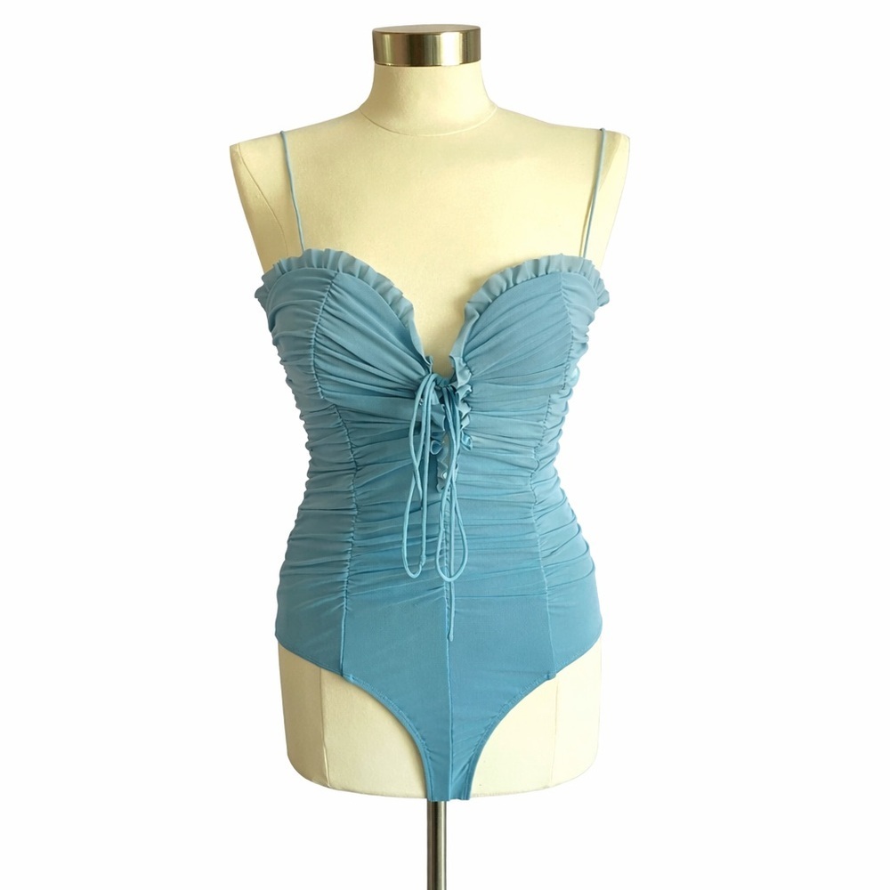 Hey Babe Blue Ruched Bodysuit Lace Up Bust Corset Style Mesh Size M